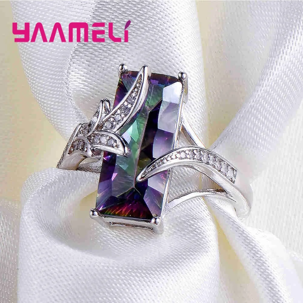 Радужные Лавандовые большие кольца с квадратным мистическим камнем