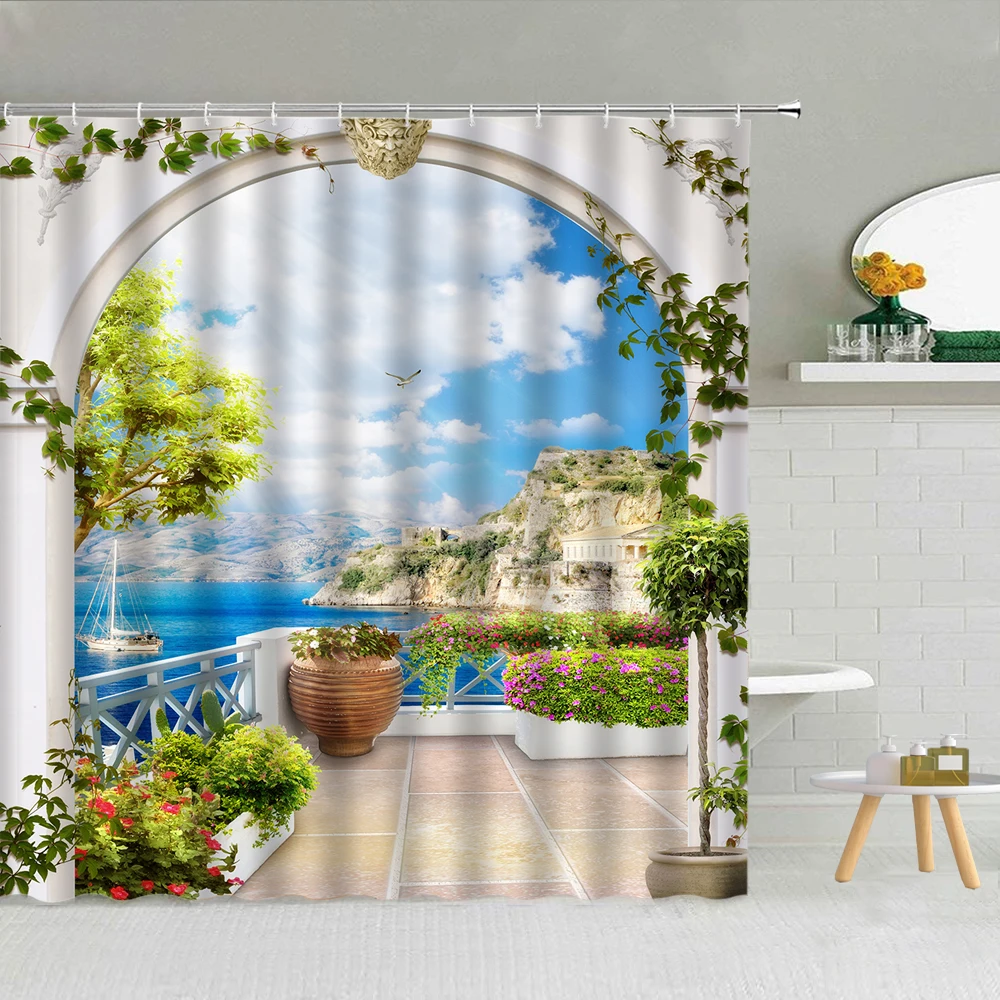 

Europe Seaside Town Garden Scenery Shower Curtain Retro Stone Building Vine Leaves Flower Bath Decor Waterproof Cloth Curtains