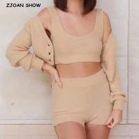 2021 vintage set shaggy korea style apricot cardigan furry single breasted button tank top mini shorts knitted sweater 1 set