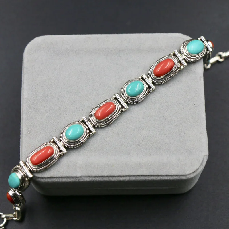 

India Nepal Handmade Pure 925 Silver Accessories Gem Turquoise Bracelet Female Personality Creative Retro Tibetan People