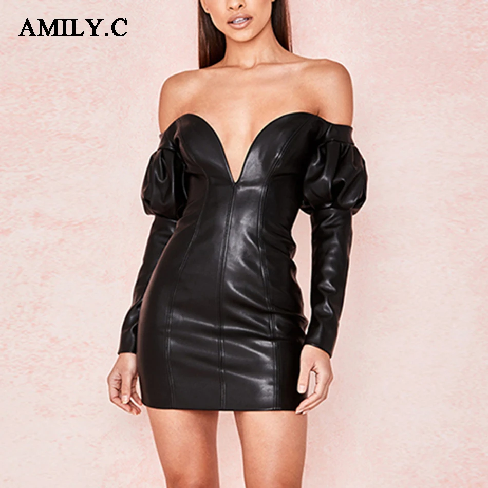 Amily.c 2020 Весеннее Новинка Женское Платье Высокого Качества Из PU Кожи Сексуальное Банкетное Без Плеча Мини с Длинным Рукавом V-образным вырезом Чёрное на.