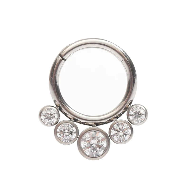 

ASTM F136 Implant Grade Titanium Bezel Set 5 Stones Cluster Hinged Clicker Body Piercing Jewelry