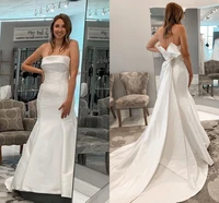simple satin wedding dress with bow 2021 sweep train mermaid elegant custom made for brides robe de mariee backless unique