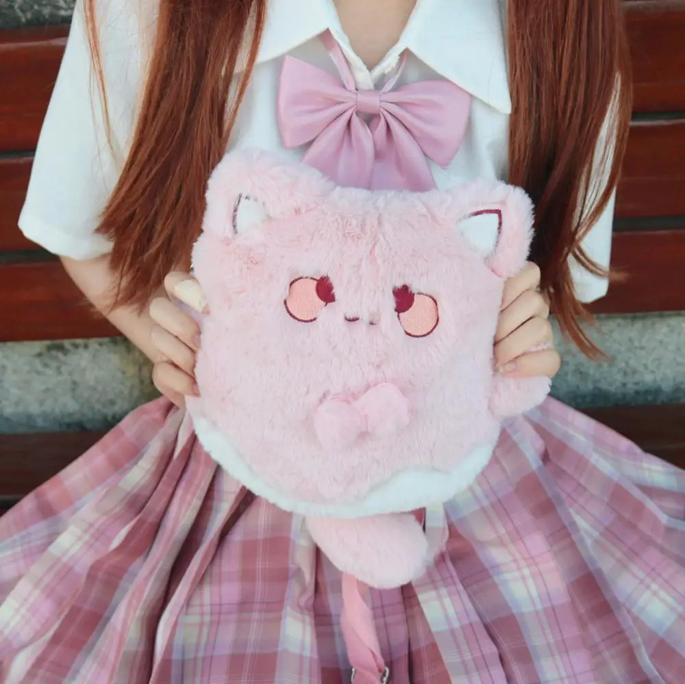 

Super Cute Cat Plush Doll Messenger Bag Sweet Lolita Soft Girl Furry Shoulder Bag Japanese Kawaii Handbag Phone bag With Tail
