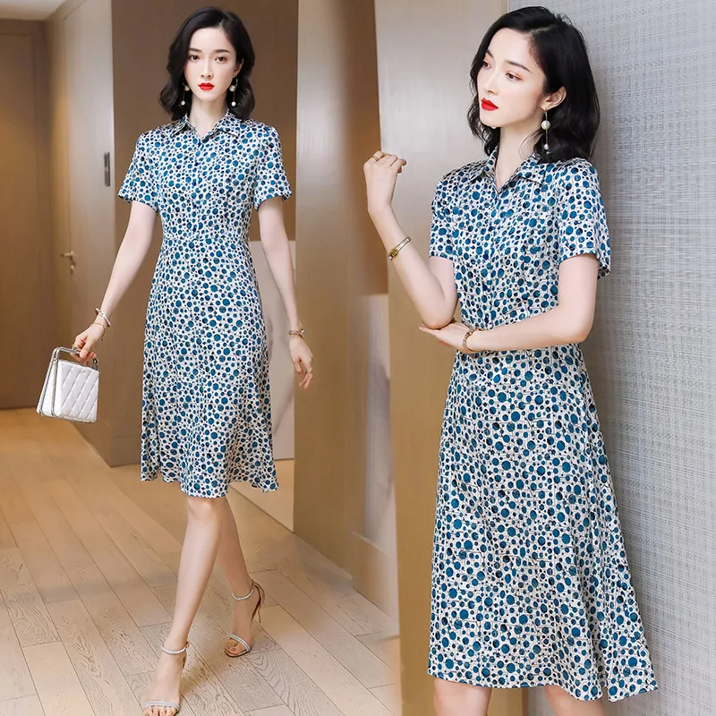 

woman Big Brand Silk Dress Mulberry Silk Crepe Polka Dots Shirt Dress 2021 Long Summer Dresses