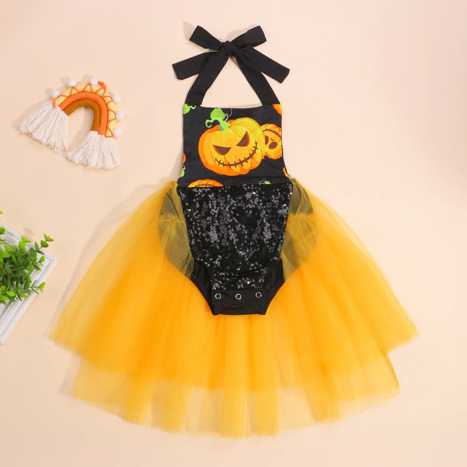 

Halloween Baby Girl Clothes Pumpkin Print Romper Dress Sleeveless Square Collar Short Halter Jumpsuit with Sequins Outfits 0-24M