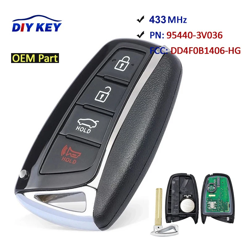 

DIYKEY 433MHz 8A Chip P/N: 95440-3V036 FCC ID: DD4F0B1406-HG OEM Parts Smart 4 Button Remote Key Fob for Hyundai Azera 2015-2018