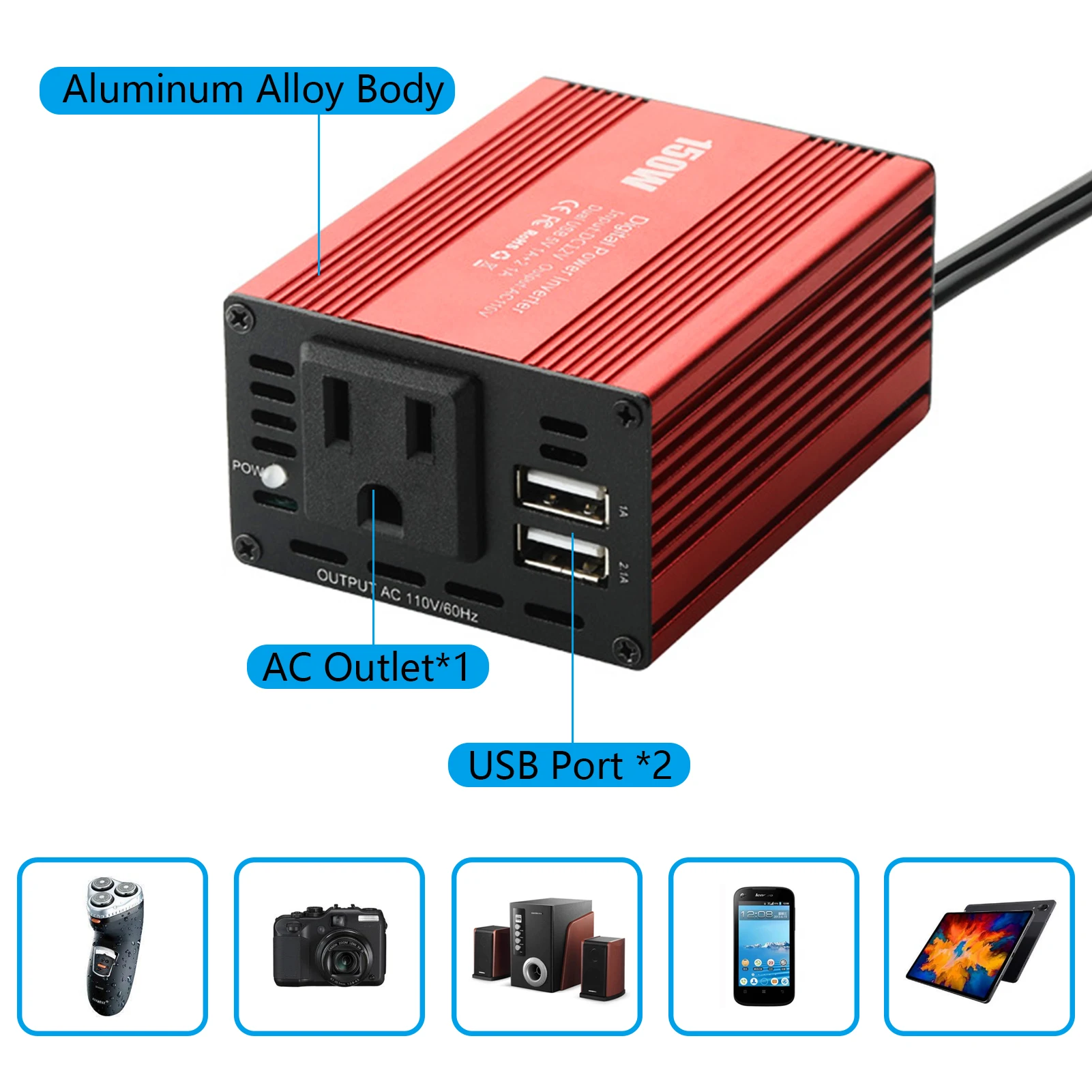 

150W Cooling For Car Dual USB Charger Power Inverter Modified Sine Wave Durable