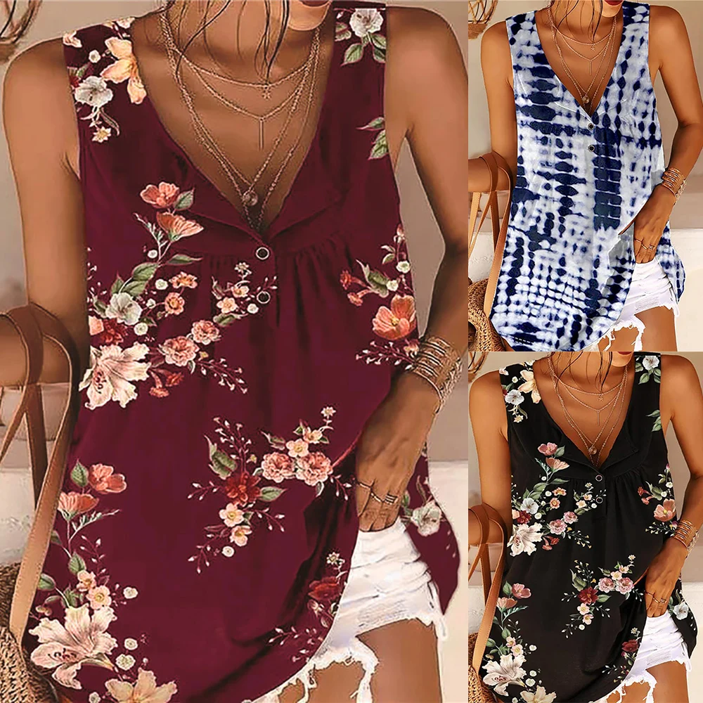 

Floral Print Women Sexy T Shirts Summer Sleeveless Loose Plus Size Casual Crop Tops Vest Fashion Buttons Pleated Tank Tops D30