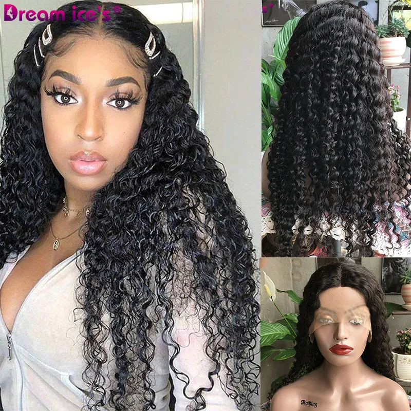 

Kinky Curly Lace Front Wig T Part LongTransparent Lace Wigs 26 Inch Wavy 98% Human Hair Wig For Black Women Cosplay Dream Ice