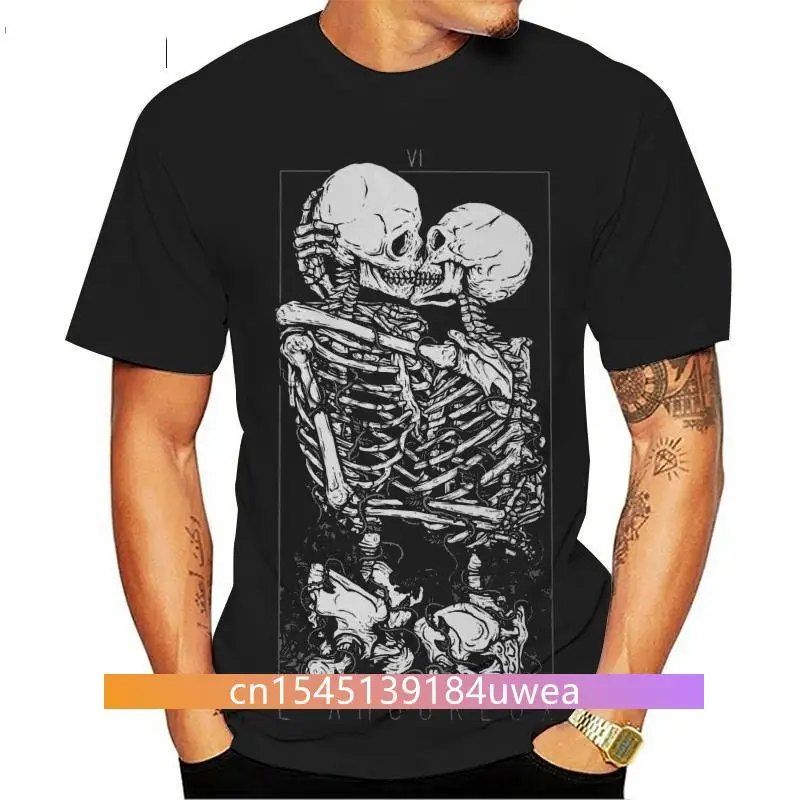 

Men Gothic La Mort Tee The Lovers Skull Shirt Streetwear Skeleton Hug and Kiss T Shirt Short Sleeved Cotton Breathable Tshirt