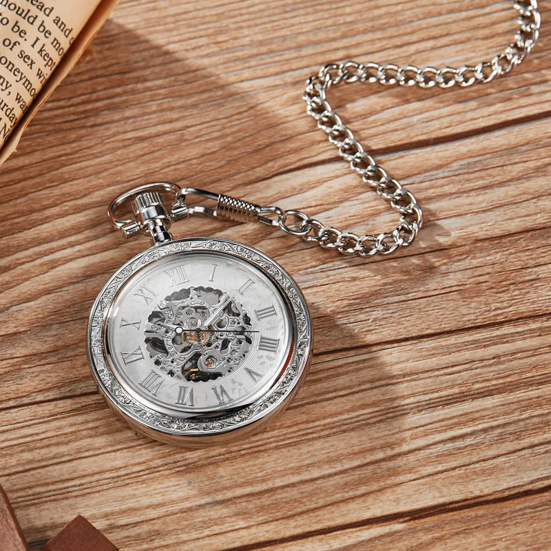 

Fashion 2021 Fob Chain Carving steel Mechanical Pocket Watch Men Vintage Roman Number Dial Pendant Black Unique Gifts Male Clock