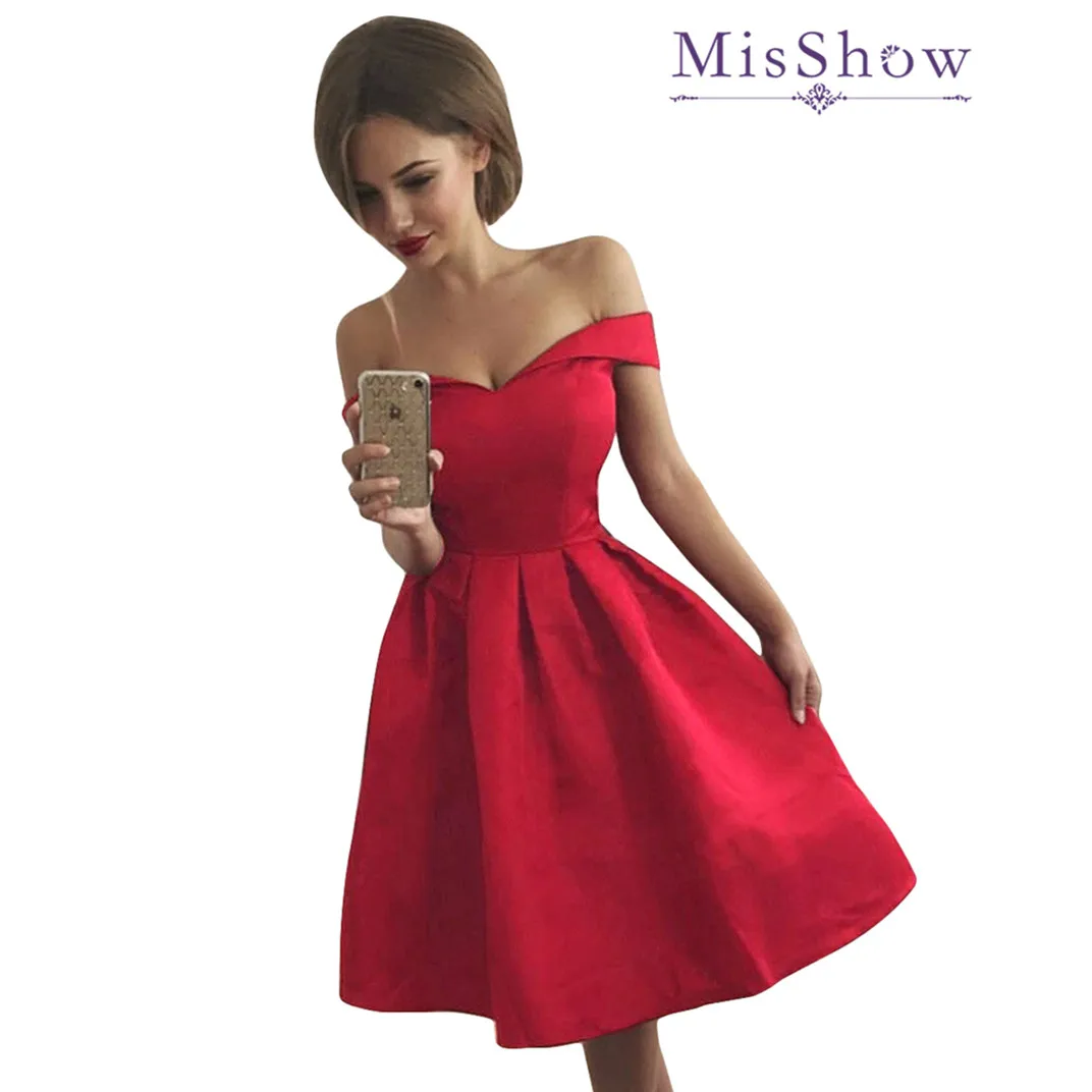 MisShow 2022 Sexy Off-the-shoulder Solid Red Dress for Women Casual Knee-Length Soft Satin Aline Dressses Birthday Party Club