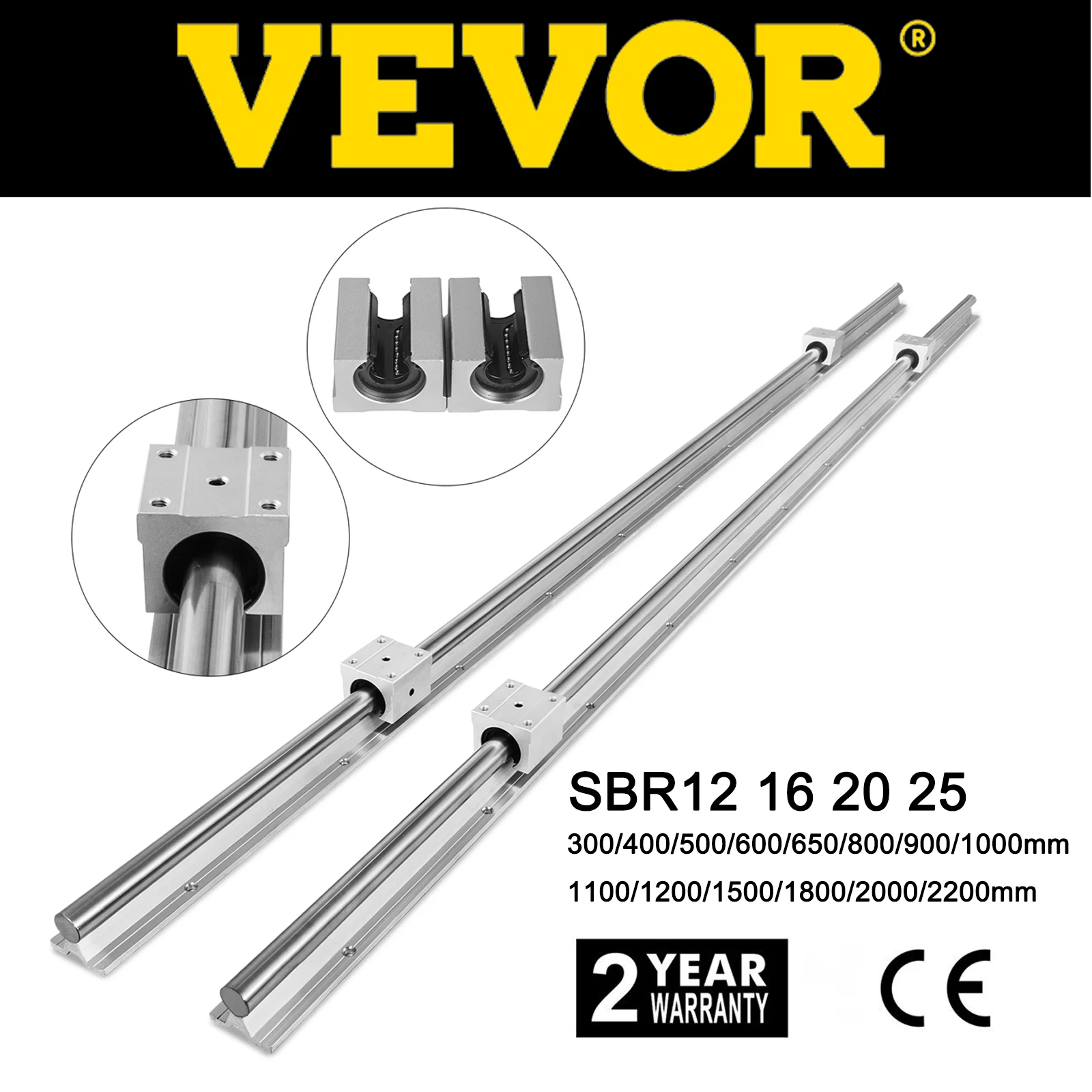 

VEVOR 2 шт. SBR12 16 20 25 300-2200 мм полностью Поддерживаемые линейные направляющие 4X подшипниковый Блок ЧПУ комплект вала для автоматических оборудов...