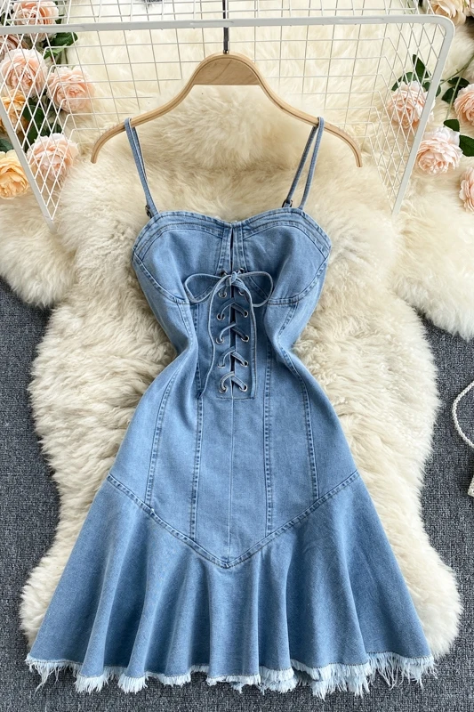 

ZQLZ Blue Strapless Ruffled Mini Denim Dress High Waist Backless Spaghetti Strap Summer Dresses Women Slim Bandage Sexy Vestidos