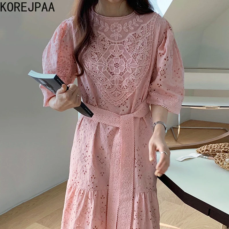 

Korejpaa Women Dress 2021 Fashion Elegant Court Style O Neck Hollow Out Embroidery Hook Flower Loose Bubble Sleeve Long Vestidos