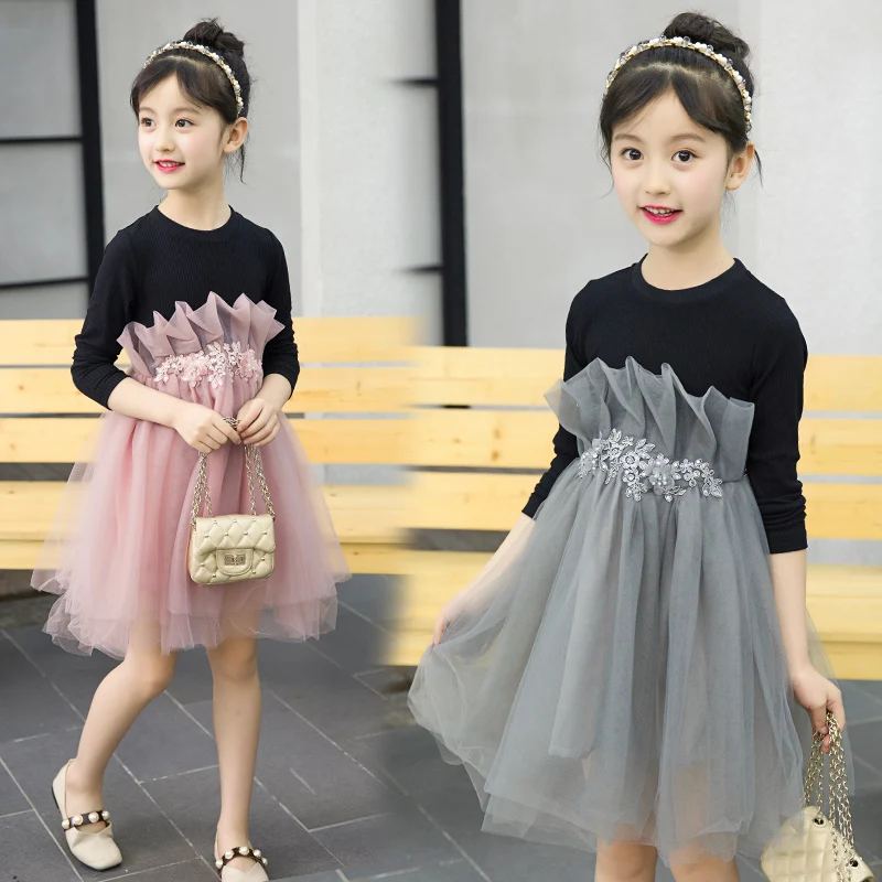 Girls Dress Mesh Patchwork Long Sleeve Children Party Color Matching Pink Princess Dresses Kids Clothes | Детская одежда и обувь