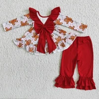 wholesale christmas children outfit baby girl fashion boutique clothing gingerbread bow plaid top ruffle red solid pants clothes