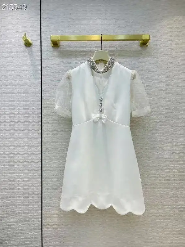 

2021 Fashion Runway Summer Mini Dress Women Short sleeve Diamonds Collar Vintage Slim Ladies Holiday Short White Dresses
