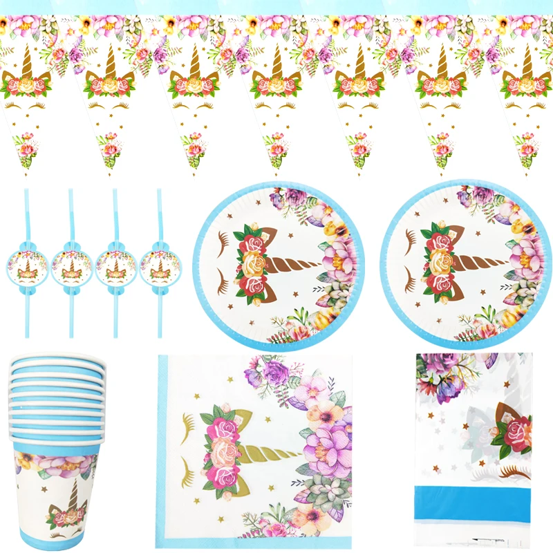 

61pcs/lot Happy Birthday Party Tableware Set Blue Unicorn Plates Banner Cups Flag Napkins Decorate Straws Baby Shower Tablecloth