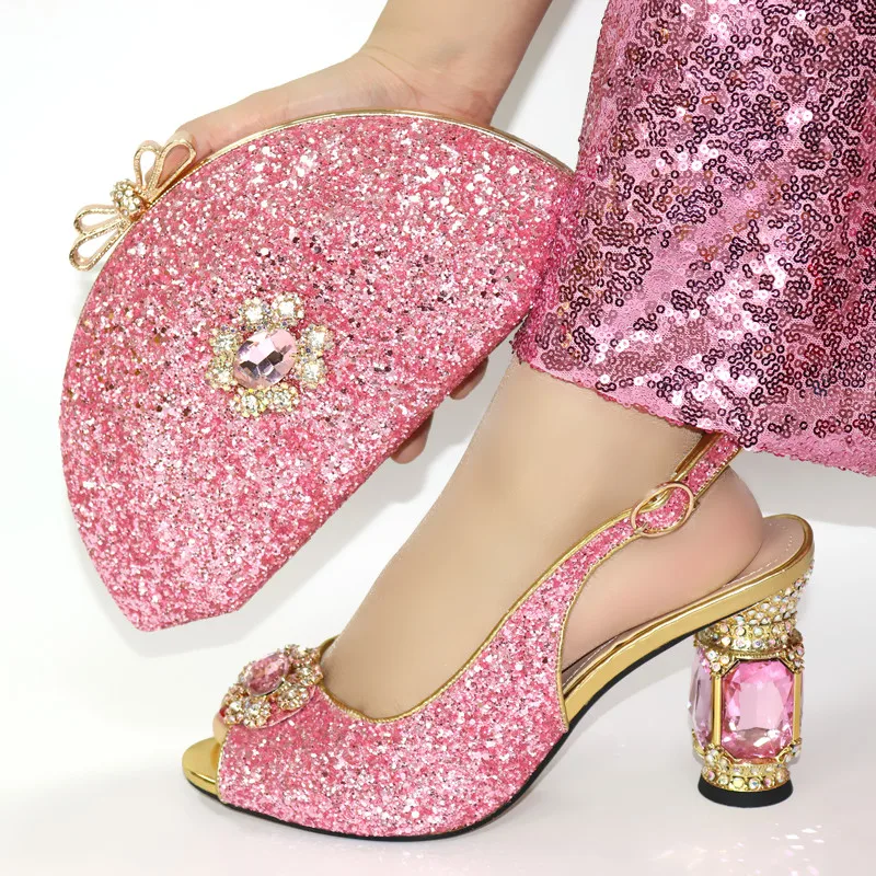 

Pink Color African Lady Shoes Matching A Bag Italy Women Shoes For Party Decorated with Rhinestone Lady Wedding Shoe