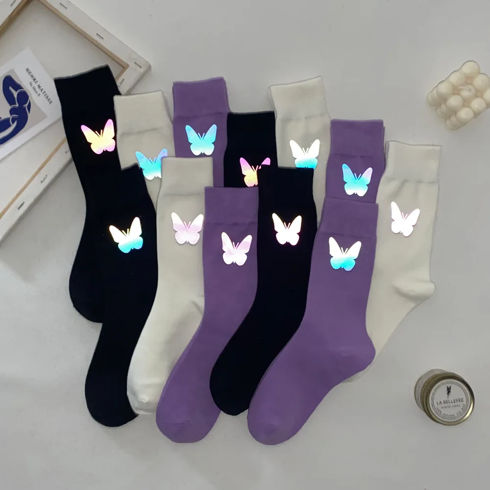3PCS Women's Butterfly Middle Tube Socks Japanese Style Cotton Solid Skateboard Hip Hop Sports Purple White Trendyol Long Socks