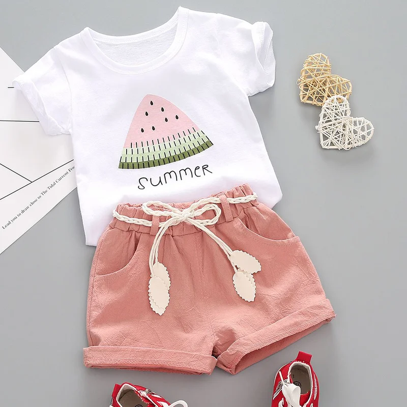 

2 Pcs Kids' Summer Watermelon Print Lovely T Shirt and Trousers Comfortable Clothes
