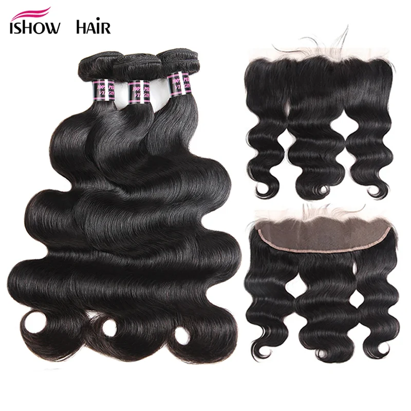 Ishow бразильские волнистые пучки волос с фронтальной 100% человеческими волосами