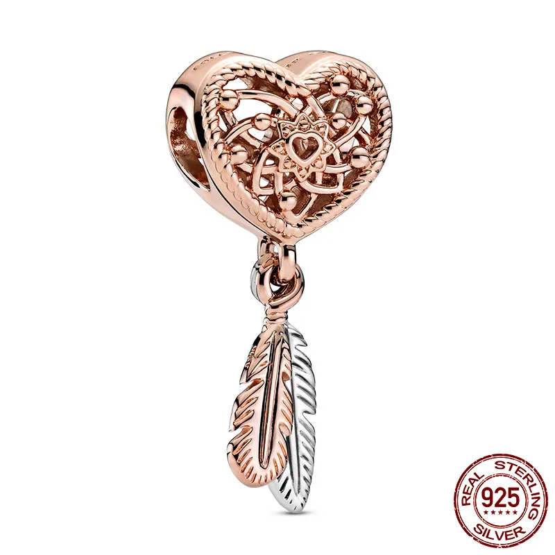 

Silver Dreamcatcher Beads 925 Sterling Silver Openwork Heart Two Feathers Dreamcatcher Charm fit Pandora Bracelet Silver Jewelry