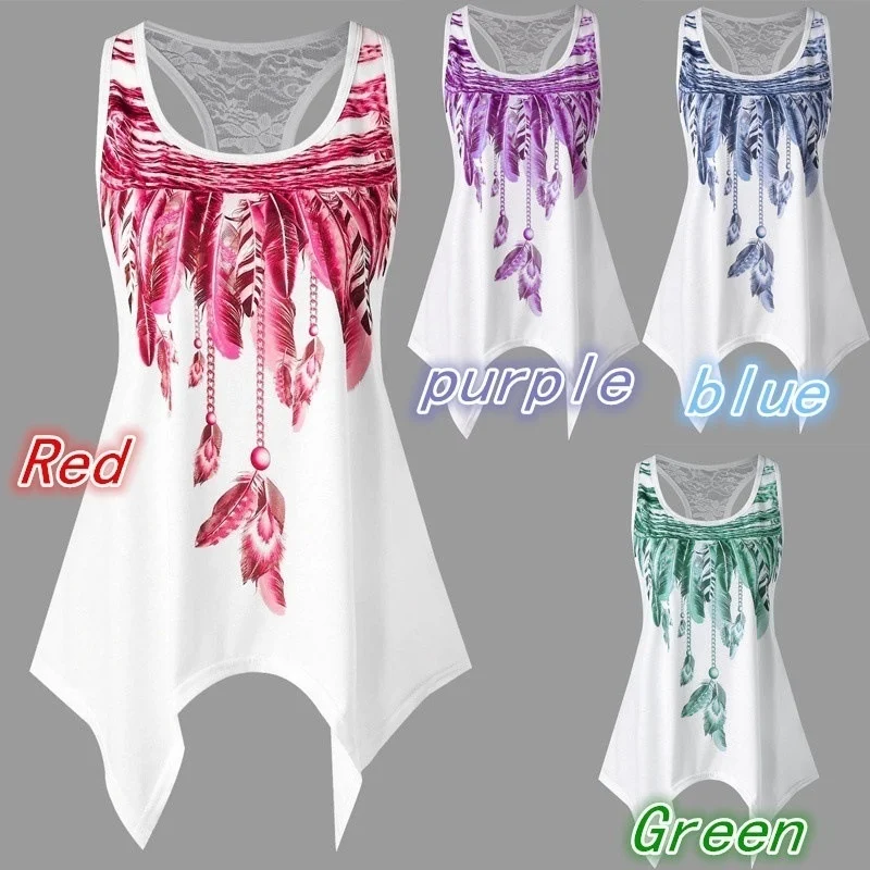 

Women's Fashion Feather Print Lace Sleeveless T-shirt Casual Loose Top Round Neck Vest S~5XL