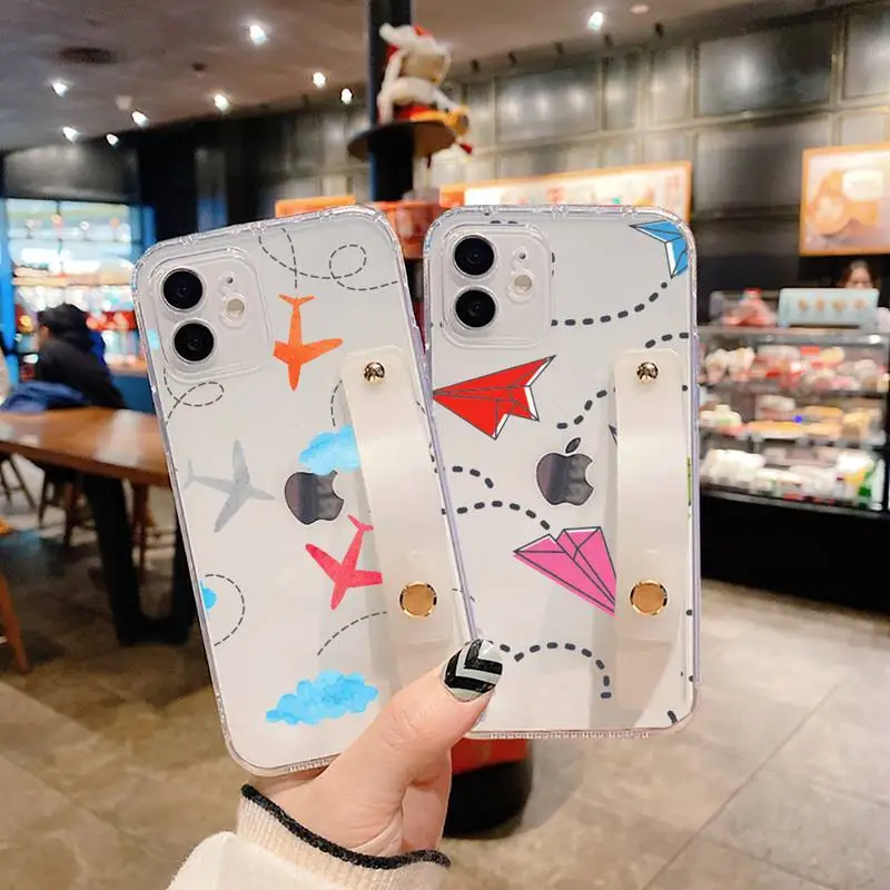 

Cartoon airplane pattern travel Phone Case Wrist Strap For iPhone7 8 11 12 X XS XR MINI Pro Max Plus Hand Band Transparent Clear