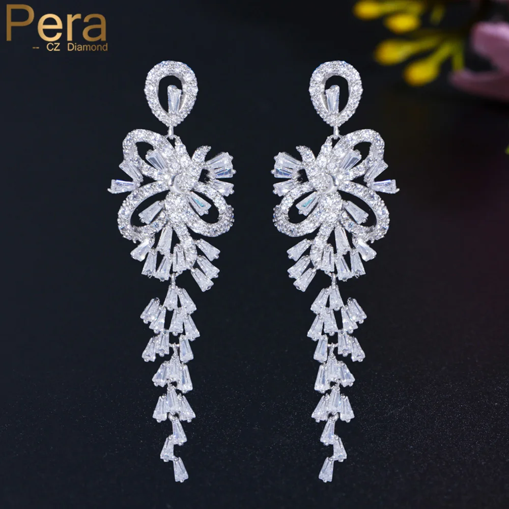 

Pera Elegant Sparkling White Cubic Zirconia Long Dangle Bow Earrings Knot Shape for Women Fashion Brand Wedding Jewelry E753