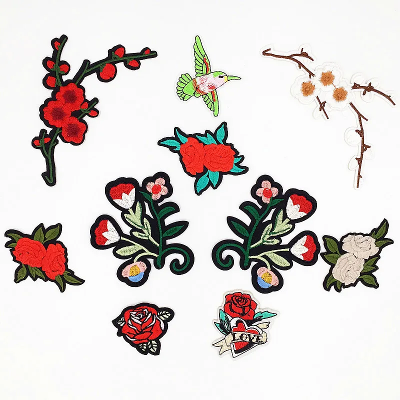 High quality cartoon embroidered iron on flower bird rose plum patch DIY clothes jeans repair decorative sewing applique|Заплатки| |
