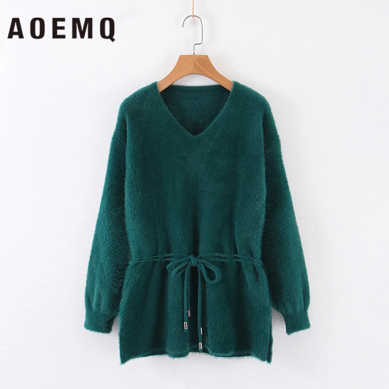 AOEMQ Winter Vintage Classic Sweaters Pullovers Christmas Lantern Sleeve 4 Colors Solid Fluff Warm Soft Women | Женская одежда