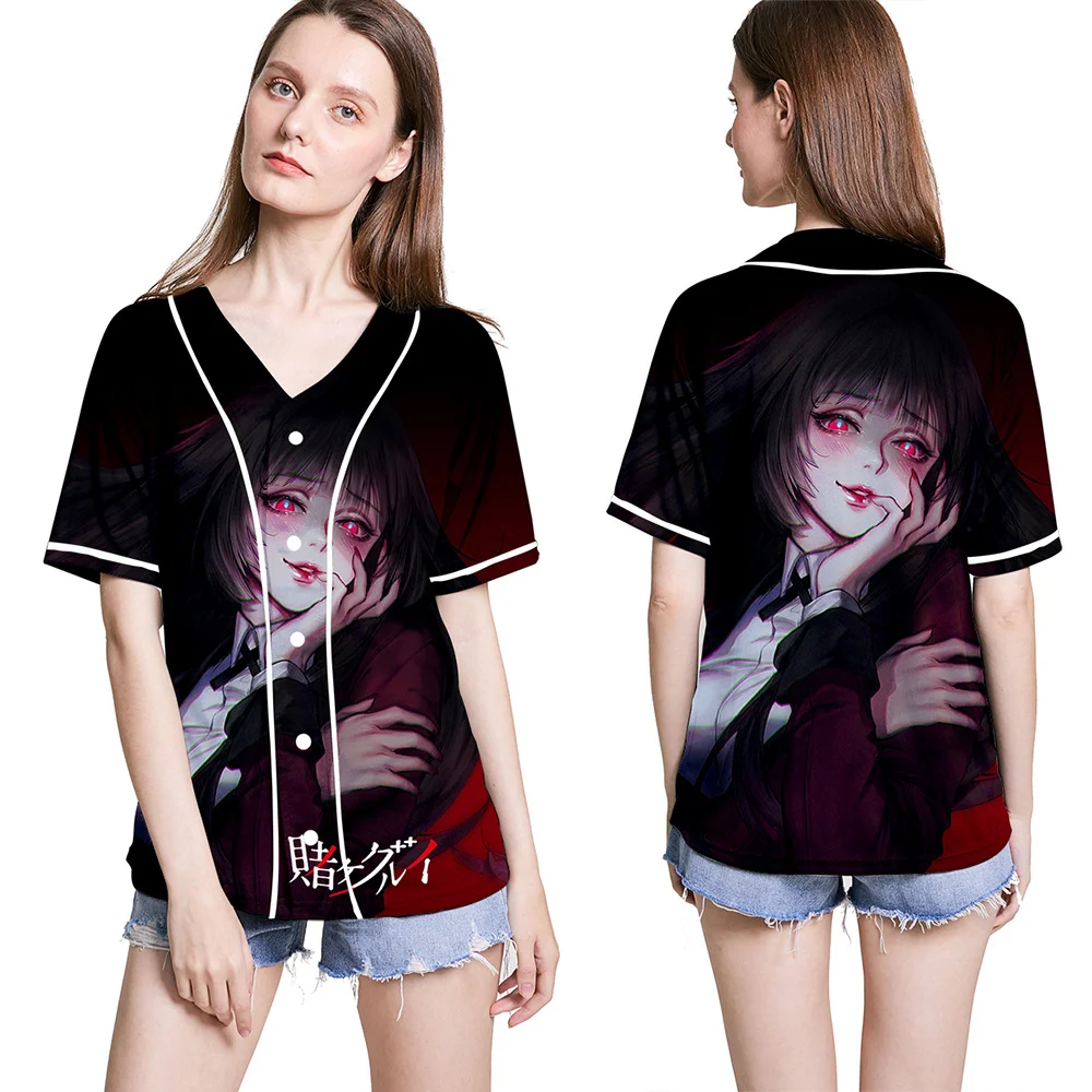 

Kakegurui Baseball Jersey Anime Cosplay Jabami Yumeko 3D Print Short-sleeve T-shirt Loose Button Cardigan Tee Top Summer 2021