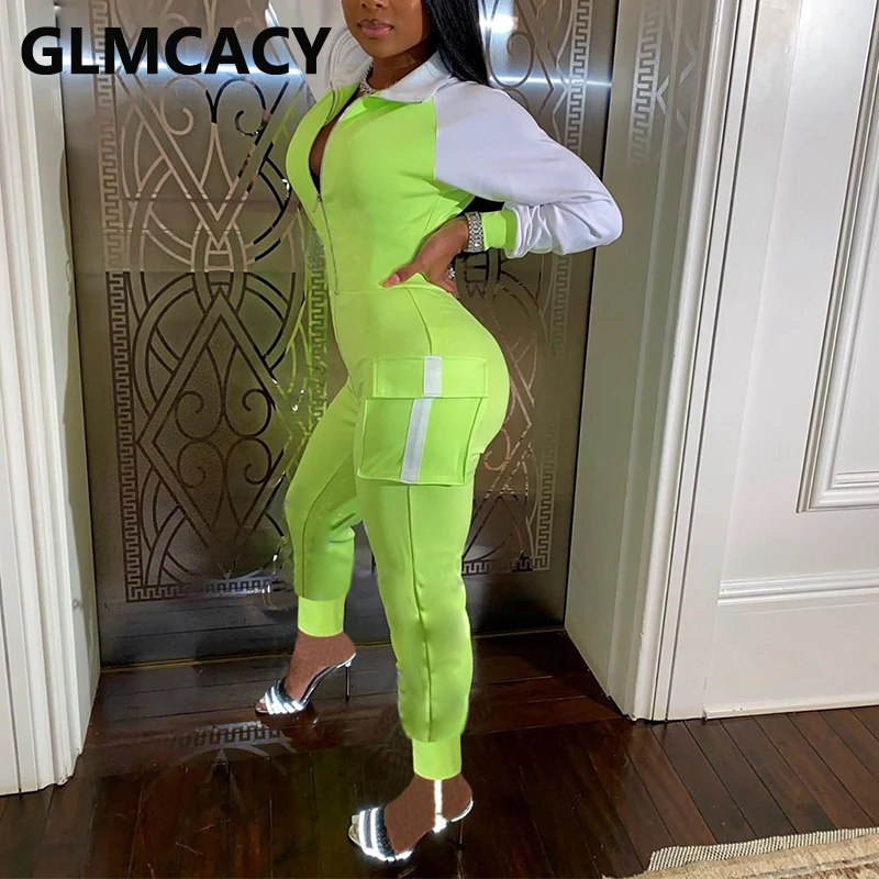 

Women Long Sleeve Colorblock Jumpsuits Casual Regular Cargo Pants Zipper Jumpsuit