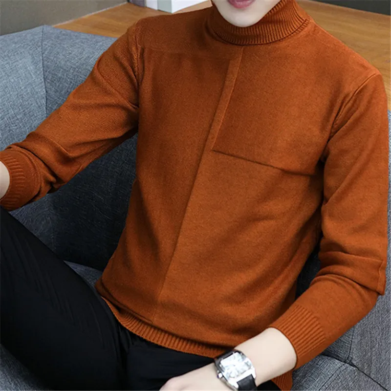 

2020 Mens Sweater Pullover Slim Warm Solid High Lapel Jacquard Hedging British Men's Clothing Male Turtleneck M-3XL Off White