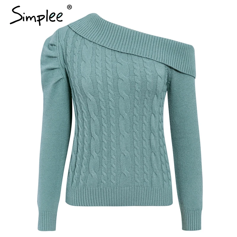Simplee Sexy irregular knitted sweater women Asymmetrical puff shoulder pullover female jumper Ladies solid winter sweater - Цвет: Зеленый