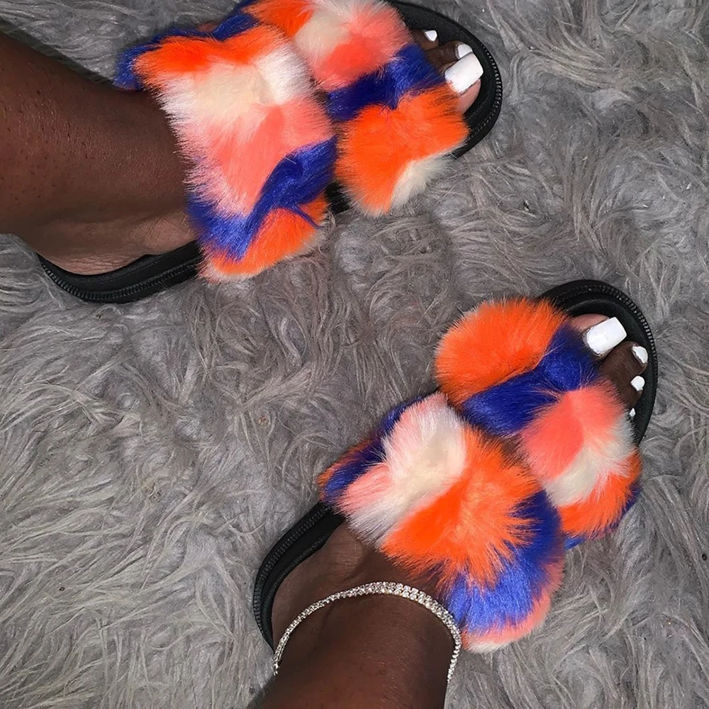 Шлепанцы женские из искусственного меха меховые сандалии Нескользящие пушистые