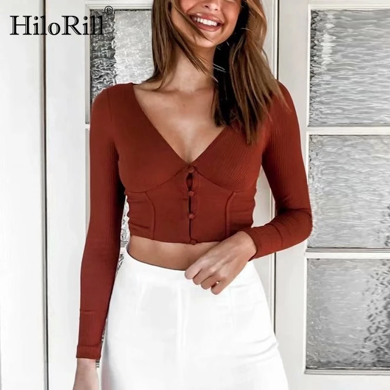 

HiloRill Chic Women Deep V Neck Basic Knitted Tops 2021 Streetwear Long Sleeve Cropped T Shirt Female Sexy Bodycon Tshirt