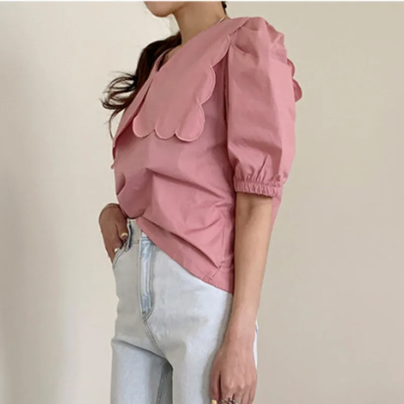 

Summer 2021 New Women Blouse White New Large Lapels With Wavy Edges Half Puff Sleeve Loose Fashion Tide Shirt Tops