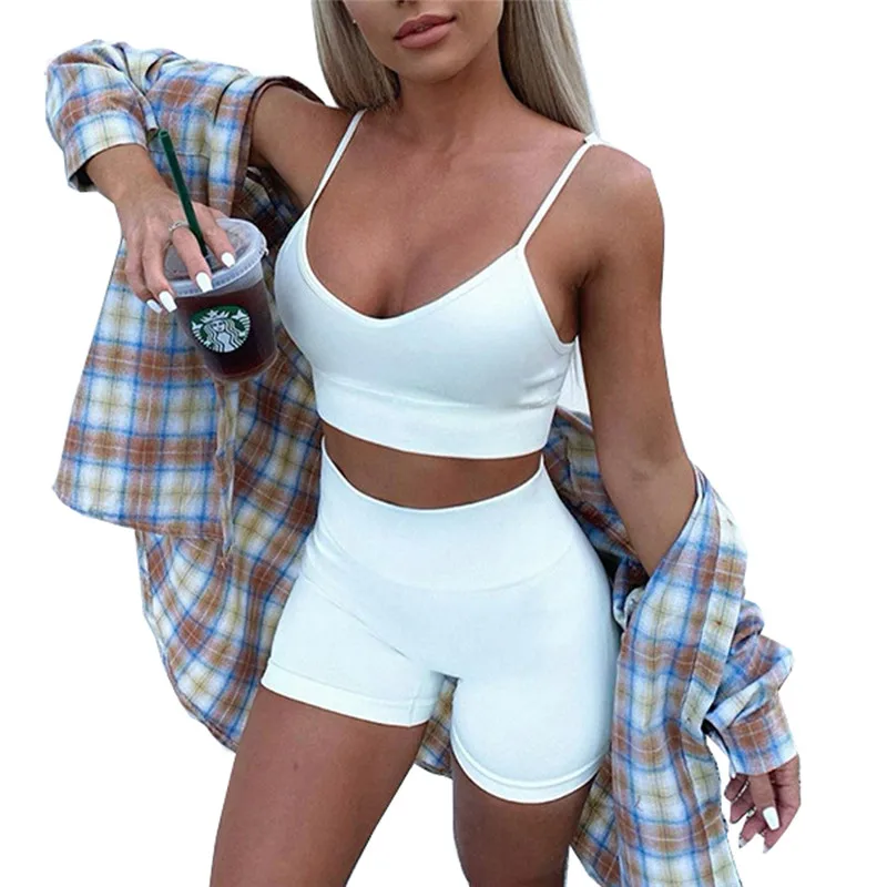 

2 Pcs Lady Sleeveless Tank Top Shorts Tracksuit Set Sports Gym Suit