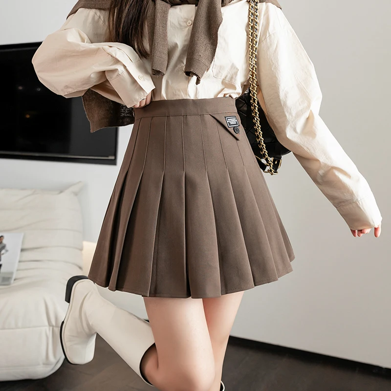 

All-match skirt 2021 autumn new high-waist suit fabric anti-glare pleated A-line skirt fashionable women's clothing