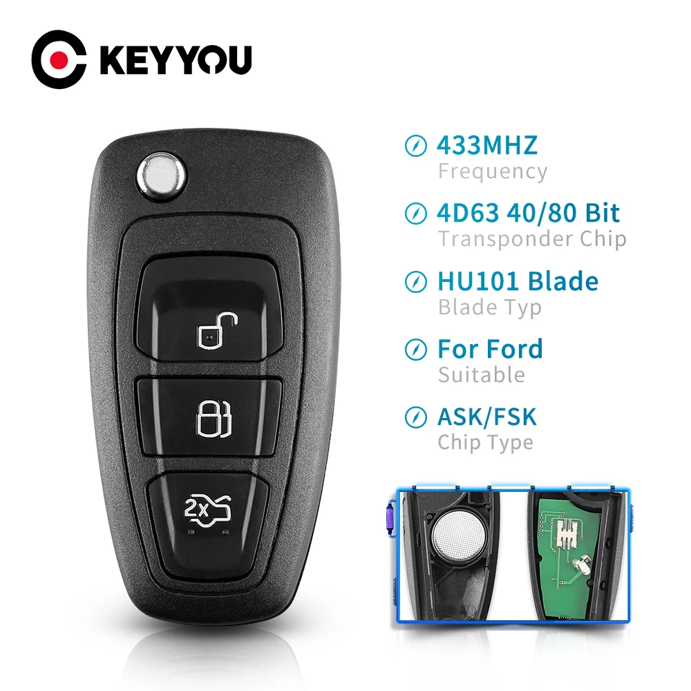 KEYYOU 434 МГц 4D63 чип HU101 дистанционного ASK/FSK 3 кнопки флип дистанционный ключ-брелок