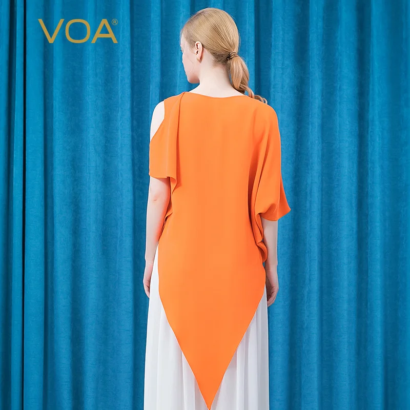 Online VOA 30 Mt/mt Schwerer Seide Rundhals Tops Fledermaus Bare Schulter Asymmetrische Manschette Dreieck Saum Orange Einfache T-shirt Frauen Kleidung BE582
