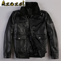 thick cowhide leather motorcycle jackets men slim short warm cotton coat fur collar genuine leather outerwear flight suit coat