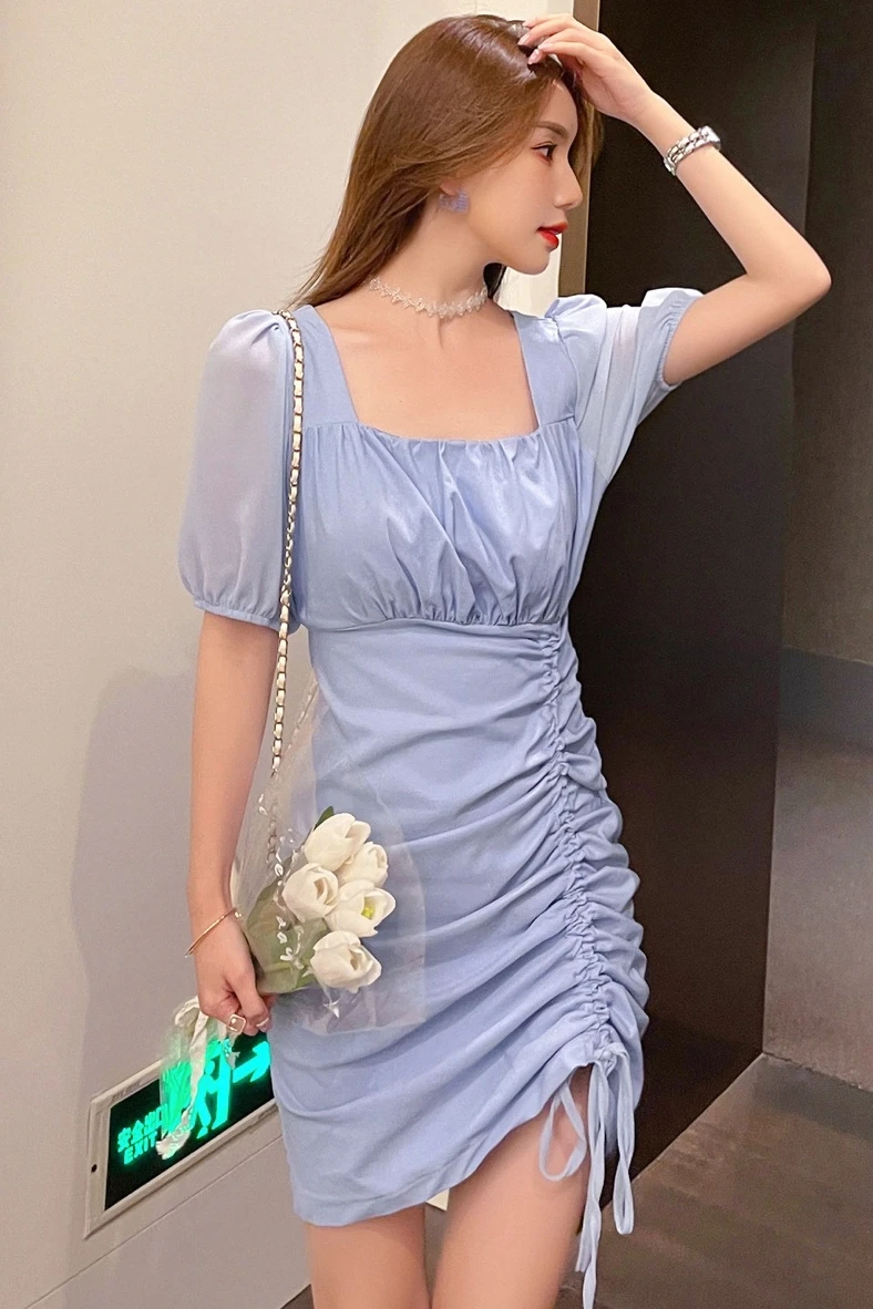 

Summer Ladies Solid Color Slim Dress 2021 New Women Square Collar Short Puff Sleeve Sexy Draw String Mini Casual Dress Vestidos