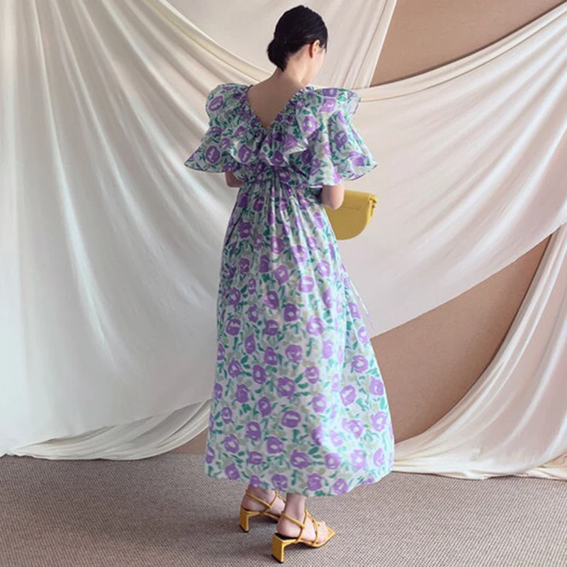 

Korejpaa Women Dress 2021 Summer Korean Chic Female Retro V-Neck Ruffle Stitching Pleated Waist Flying Sleeves Floral Vestidos