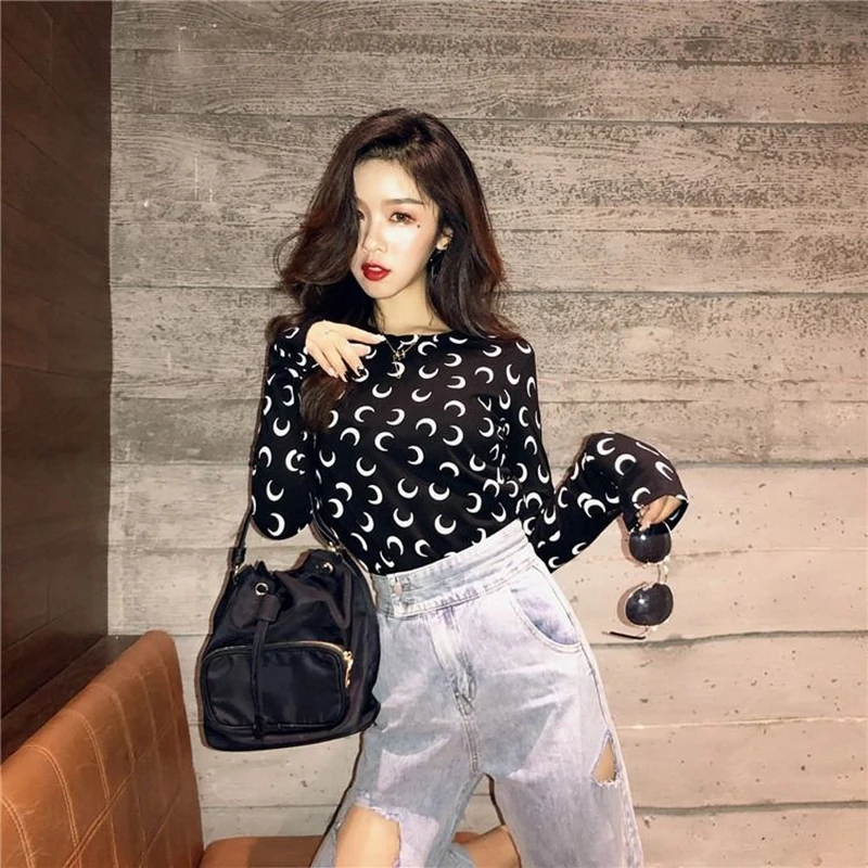 

Moon Print Sexy Tunic Slim Thin Party Summer Top Long Sleeve Women T Shirt 2022 Cool Hip Hop Fashion Korean Sale Streetwear 2022