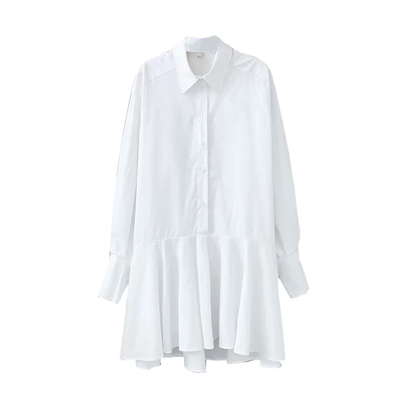 Женская белая рубашка мини платье с отложным воротником длинный рукав офисное